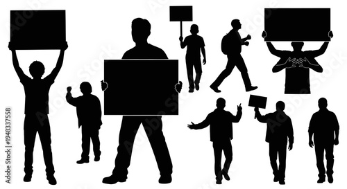 Protestors Holding Signs Silhouette Vector - Black  White Glyph