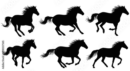 Silhouette of Six Running Horses in Dynamic Poses, Black and White