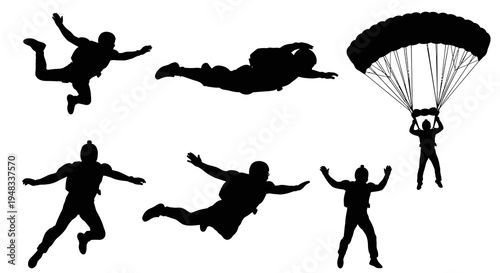 Silhouette of Skydivers Jumping with Parachute, Action, Sport, Vector
