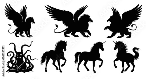 Mythical Creatures Silhouettes: Unicorns, Griffins, Octopus - Black and White