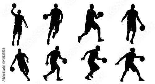 Silhouette of basketball players in action, black and white vector icons