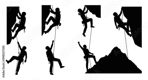 Rock Climbing Silhouettes: Extreme Sports Adventure and Outdoor Activity
