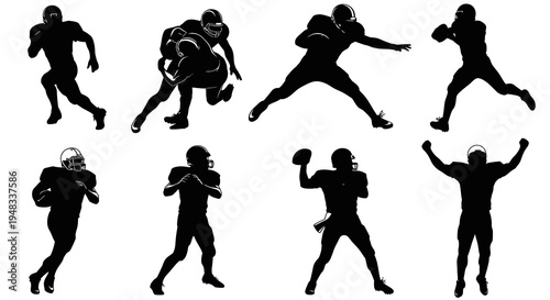 American Football Player Silhouettes - Black  White Action Poses