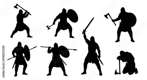 Black Silhouette Warriors with Axes and Swords, Medieval Battle Scene