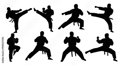 Black  White Silhouette of Karate Fighters Performing Various Kicks and Punches