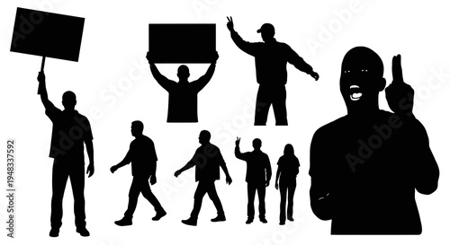 Silhouette of Protestors Holding Signs, Gesturing, and Shouting