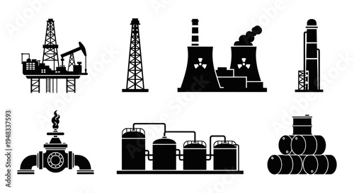 Black and White Icons of Industrial Oil and Gas Extraction and Processing Plants