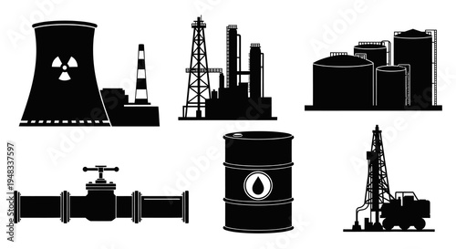 Black Silhouette Icons of Industry: Nuclear Power, Oil Rig, Refinery, Barrel, Valve