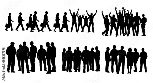 Black  White Silhouette of Business People Walking and Cheering