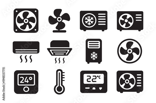 Black and white icons depicting various air conditioning and temperature control devices