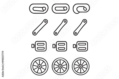 Line art illustration of chain links bars connectors and wheels