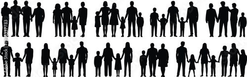 Black silhouette icons of diverse family groupings, symbolizing parenting, relationships, family diversity, and social connection for design, education, and creative projects.
