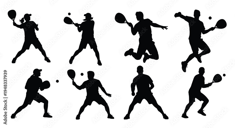 Fototapeta premium Silhouette Athletes Playing Tennis or Padel, Sports Vector Icons
