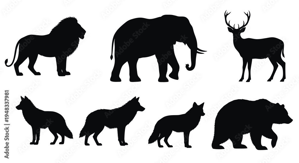 Fototapeta premium Black silhouette animal icons: lion, elephant, deer, wolf, bear