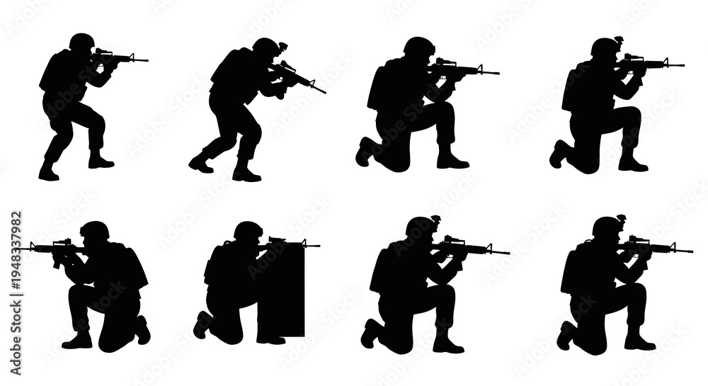 Naklejka premium Military soldier silhouettes with guns, vector illustration, black and white