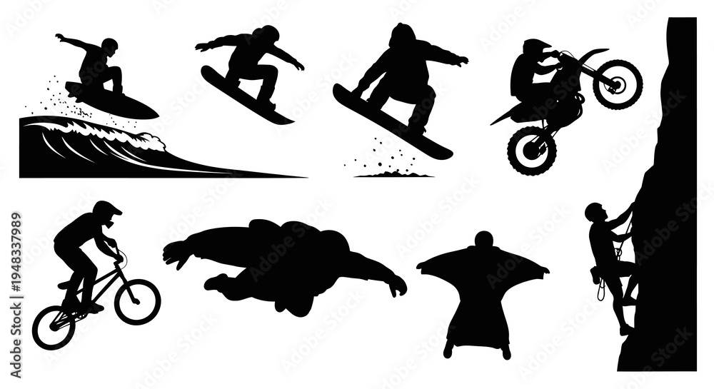 Obraz premium Extreme Sports Silhouettes: Surfing, Snowboarding, BMX, MotoX, Climbing, Wingsuit