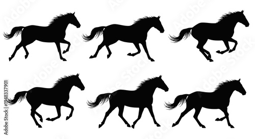 Black Silhouette Horses Running, Vector Illustration, Animal Art