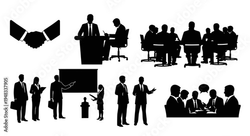 Business meeting, handshake, presentation, and teamwork silhouettes