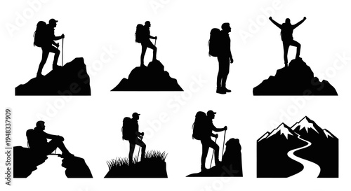 Silhouette Hikers Climbing Mountains and Peaks, Adventure Stock Icons