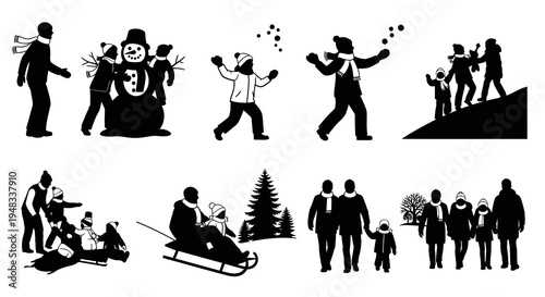 Winter Family Activities Black and White Vector Icons