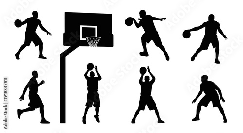 Black Silhouette Basketball Players  Hoop, Dynamic Sports Art