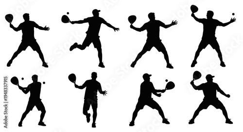 Silhouette of Racquetball Players in Action, Black and White Vector Art
