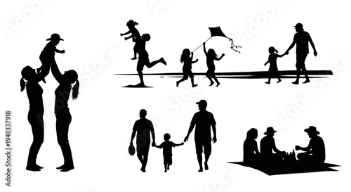 Silhouette Family Activities Children Playing Outdoors Beach Picnic Kite Flying Fun