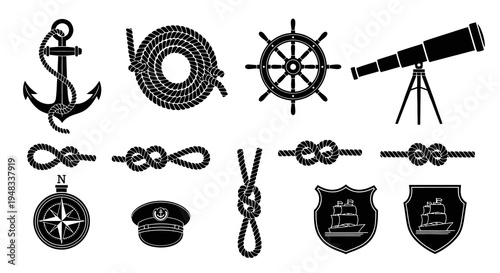 Nautical Vector Icons Set - Anchor, Rope, Ship Wheel, Telescope, Compass, Cap, Shields