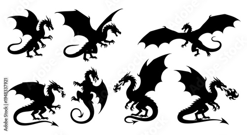 Black Dragon Silhouettes - Mythical Creatures Art