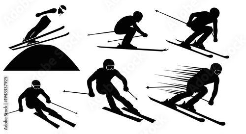 Black  White Silhouette of Skiers in Various Poses