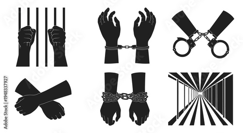 Black and White Vector Icons Representing Imprisonment and Chains