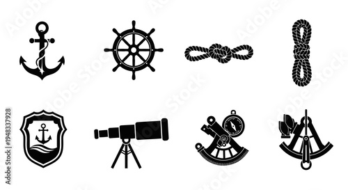 Nautical Icons Set: Anchor, Ship Wheel, Rope, Compass, Telescope, Sextant, Emblem