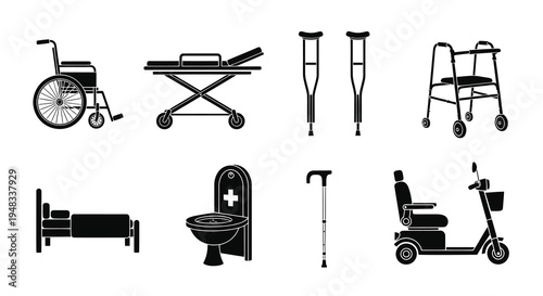 Medical Equipment Icons: Wheelchair, Stretcher, Crutches, Walker, Bed, Toilet, Cane, Scooter