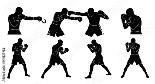 Boxing Silhouettes: Punching, Guarding, Fighting Poses - Black and White Icon Set