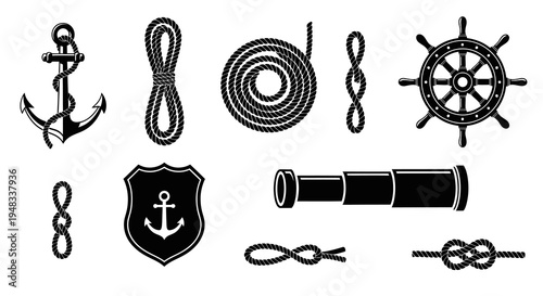 Nautical Vector Icons: Anchor, Rope Knots, Ship Wheel, Spyglass