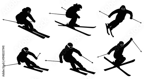 Black and White Silhouettes of Skiers in Various Poses, Sports Vector