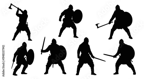 Medieval Warriors Silhouettes, Vikings with Axes and Swords