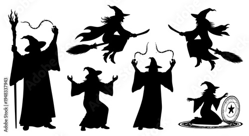 Black Witch Silhouettes on Broom, Spellcasting, Cauldron, Magical Halloween