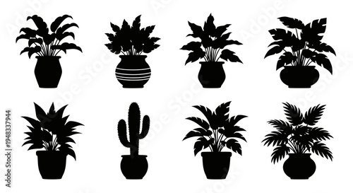 Black and White Silhouettes of Potted Plants, Nature and Home Decor Vector Icons