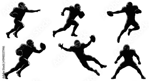 American Football Player Silhouettes in Dynamic Poses, Black and White Vector Art