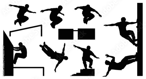 Silhouette of parkour athlete jumping and climbing in black and white