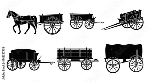 Vintage Horse Cart and Wagon Silhouettes, Black  White Vector Art
