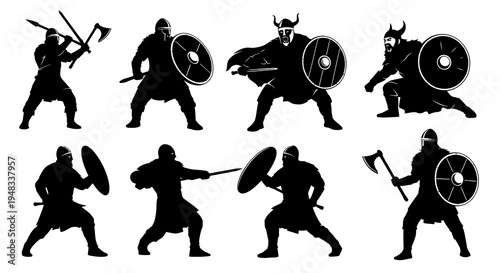 Viking Warriors Silhouette Set Black And White Vector Art