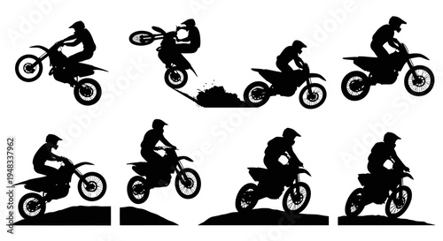 Black  White Silhouettes of Motocross Riders in Dynamic Action Poses