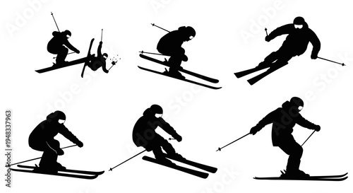 Black and White Silhouette Skiers in Action Poses, Winter Sports Vector