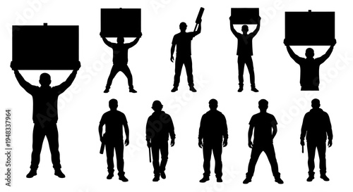 Black Silhouette of Protesters Holding Signs and Props