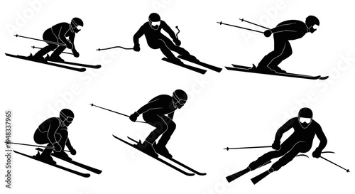 Silhouette Skiers in Action, Vector Art, Winter Sports Icon Set