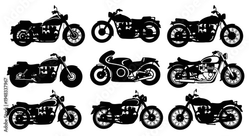 Set of Black Motorcycle Silhouettes, Automotive Vector Art
