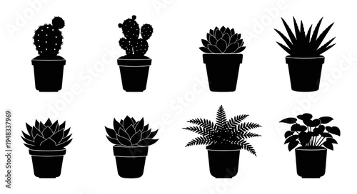 Black and white icons of potted houseplants, vector illustration