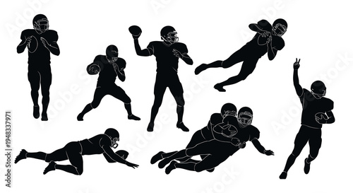 American Football Players Silhouette Set - Black and White Action Poses